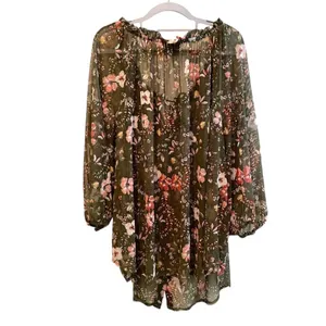 AGB Woman Floral Long Sleeve Semi Sheer Blouse Olive Green‎ & Orange Size XXL thumbnail 5