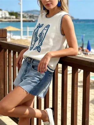 White & Blue Fish Knit Sleeveless Vest - Casual Summer Layer EUC - worn once thumbnail 4