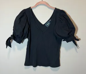 Maeve Anthropologie Black Ribbed Puff Sleeve V-Neck Tie Cuff Top Small Petite thumbnail 1
