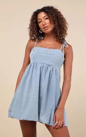 NWT Lulus Charmed Aura Light Denim Tie-Strap Bubble-Hem Mini Dress Babydoll Sz S thumbnail 1