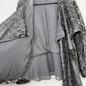 Free People Jacket Womens Large Gray Sequin Open Front Draped Long Sleeve Party thumbnail 4