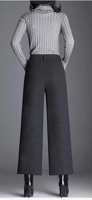 Tanming Women's Casual High Waist Trousers Wool Blend Cropped Wide Leg Pants thumbnail 6