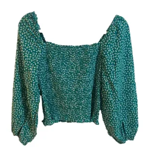 Boutique Women's Floral Print Smocked Crop Top - Green/Blue - Size Small thumbnail 1