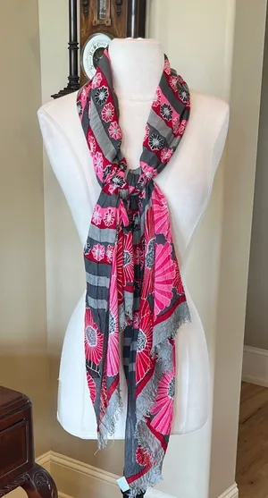 Vera Bradley Colorful Hippie Vibe Pink Gray Red Flowered Scarf thumbnail 1