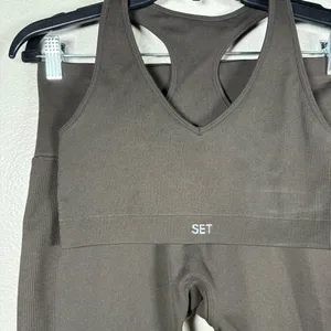 SET Active Dark Brown High-Waist Leggings & V-Neck Sports Bra Set SZ:XL thumbnail 2