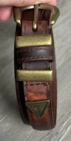 Vintage Guess Brown Genuine Leather Belt Brass Buckle Logo Size Medium thumbnail 1