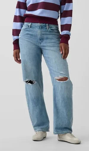 GAP High Rise Distressed Barrel Ankle Jeans Light Wash Blue 25 thumbnail 1