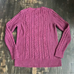 L.L. Bean Women’s Purple Magenta Cable Knit Fishermans Crew Neck Sweater Plum M thumbnail 2
