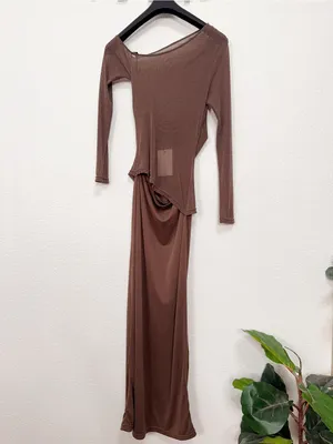SOVERE Zeya One Shoulder Mesh Maxi Dress Mocha Ruched Sheer Long Sleeve Evening thumbnail 8