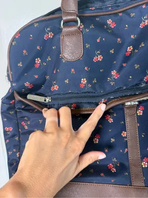 Navy Floral Travel Weekender Bag with Brown Trim thumbnail 4