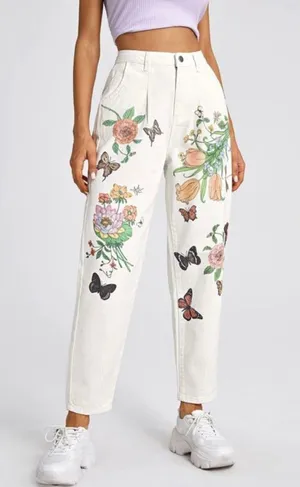SheIn Women Floral painted mom Jeans thumbnail 1