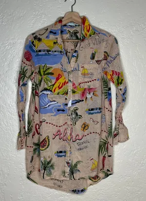 True Destinations Womens XS Tropical Aloha Postcard Print Cotton Button Up Shirt thumbnail 1
