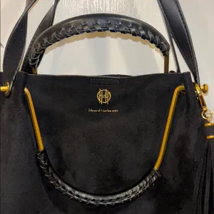 House Of Harlow 1960 Black Suede Bag W/ Shoulder Strap Gold/Brass Toned Handle thumbnail 1