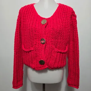 Chunky Knit Red Cropped Cardigan Gold Button Pockets Women Size M thumbnail 2
