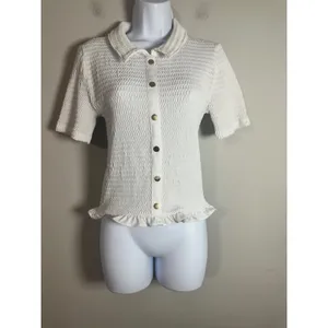 Loft White Smocked Short Sleeve Button Front Polo Cardigan Ruffle Hem Top S SP25 thumbnail 2