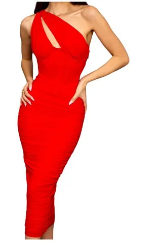 House Of CB Valentina Bodycon One Shoulder Glam Midi Dress Red Size XS NWOT thumbnail 1