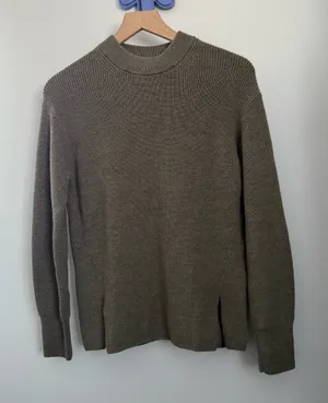Lululemon 2 Merino Wool Rib Crew Neck Sweater Heather Nomad Taupe Slit Cut Front thumbnail 1