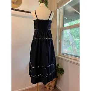 Navy Blue Floral Embroidered Folk Tiered Midi Dress Size Small 100% Cotton thumbnail 5