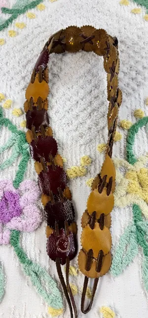 Vintage Leather Scalloped Disc Belt Made in Canada Boho Beaded Tie Closure Brown thumbnail 1