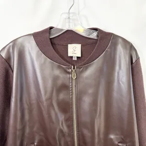 Sioni Bomber‎ Jacket Womens XL Brown Faux Leather Knit Classic Chic Edgy 1502 thumbnail 3