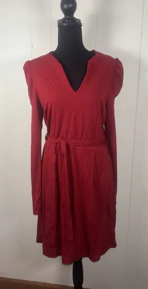 ll bean red‎ long sleeve belted midi dress size 10 reg thumbnail 1