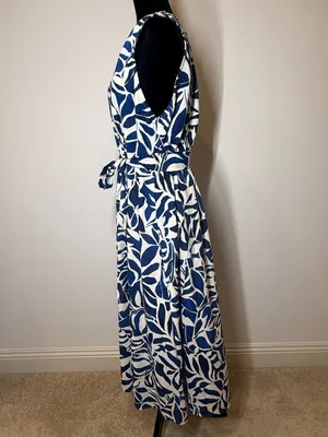 Emma & Michelle Linen-Look Blue White Abstract Botanical Leaf Print Dress L EUC thumbnail 4