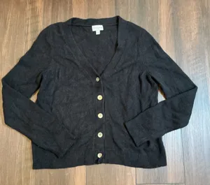 The Drop V-Neck Button Front Cardigan Sweater Black Soft Knit Large Minimalist thumbnail 1