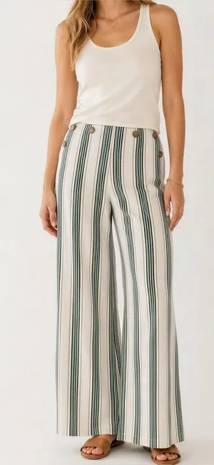 SÉZANE Clayton Linen Cotton Pants, Beige Blue Green Stripes, FR44/US12 thumbnail 1