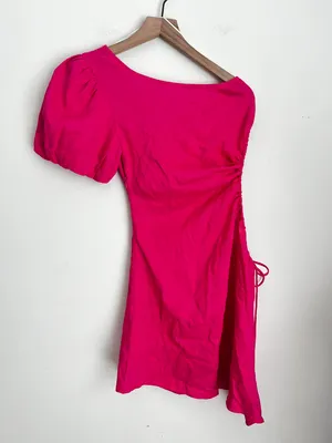 fuchsia pink Brunch Loving Puff sleeve one shoulder mini dress XS thumbnail 2