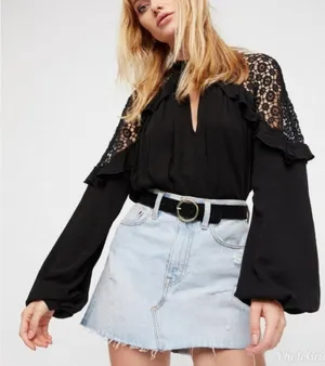 Free People Little Bit of Love Black Crochet Lace Ruffle Blouse Small thumbnail 1