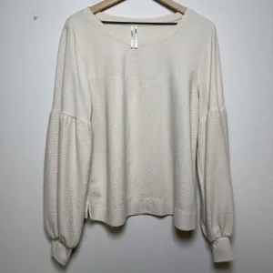 Anthropologie Women Cotton Knit Top XL Cream‎ Textured Balloon Sleeve Preppy thumbnail 2