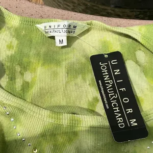 Vintage Y2K Green Tie Dye‎ Rhinestone Cotton Ribbed Tank Top Medium NWT thumbnail 4