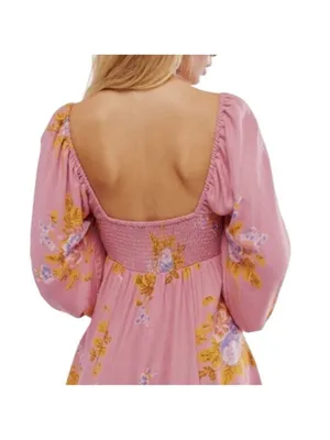 FREE PEOPLE Francesca Mini Babydoll Coqette Dress Floral Pink Puff Long sleeve L thumbnail 3