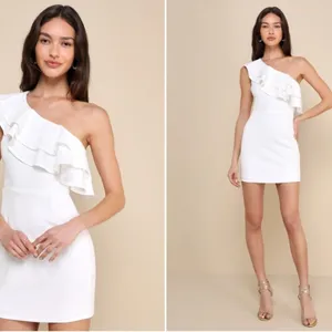 LULU's Bachelorette Engagement Bridal Sexy One Shoulder Ruffle Mini Dress thumbnail 2