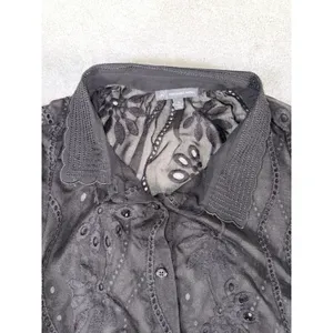 adrianna papell black sheer blouse button up black floral eyelet detail xl‎ thumbnail 3