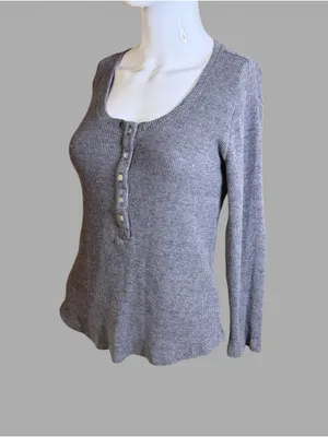 Lucky Brand Gray Ribbed Scoop Neck Henley Long Sleeve Top thumbnail 4