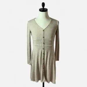 American Rag Ribbed Knit Button Front Dress Womens M Tan Boho Fit Flare Raw Hem thumbnail 2
