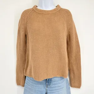 Quince Fisherman Crew Sweater Women XS Camel 100% Organic Cotton Ribbed Knit Top thumbnail 2