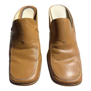 Vtg 1990s Franco Sarto Camel Tan Leather Block Heel Square Toe Mules Sz 8.5 thumbnail 2