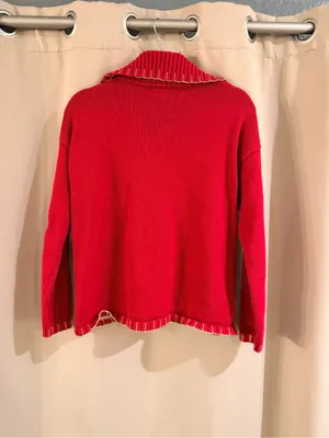Tiara International Red Holiday Zip-Up Patchwork Sweater thumbnail 3