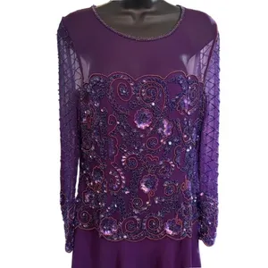 Vtg Adrianna Papell 100% Silk Beaded‎ Maxi Dress Sz 6 Purple Drop Waist Sheer thumbnail 2