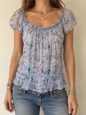 Vintage Nolita Floral Semi Sheer Crinkle Peasant Top S Cottagecore thumbnail 1