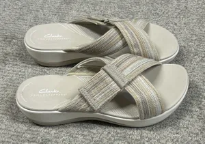 Clarks Arla Wave Slide Sandals Womens 9 Tan Beige Strappy Adjustable Slip On thumbnail 1