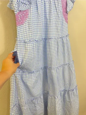 J. Marie Blue Gingham Plaid Flutter Sleeves Floral Embroidery Tiered Midi Dress thumbnail 7