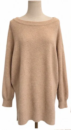 Adrienne Vittadini Oversized Tunic Sweater Beige Side Slit Large thumbnail 1
