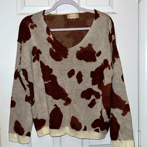 Altar’d State Brown and Cream Cow Print V Neck Sweat Size XS thumbnail 1