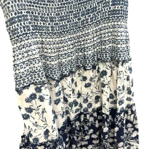 Mixed floral print boho smocked shirred midi maxi patchwork navy white dress thumbnail 9