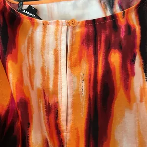 DKNY Smudge Print Puff Sleeve Orange Pink Abstract Quiet Luxury Top NEW M thumbnail 4