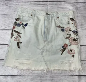 Abercrombie Embroidered Light Wash Denim Mini Skirt - Floral Detail thumbnail 1