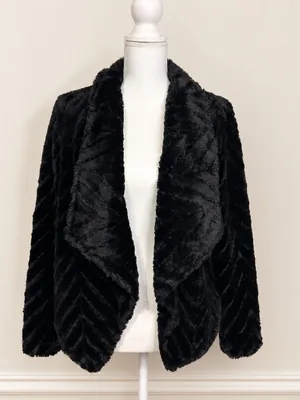 Nina Leonard Black Faux Fur Chevron Bolero Jacket Size M Satin Lined Luxury Glam thumbnail 2
